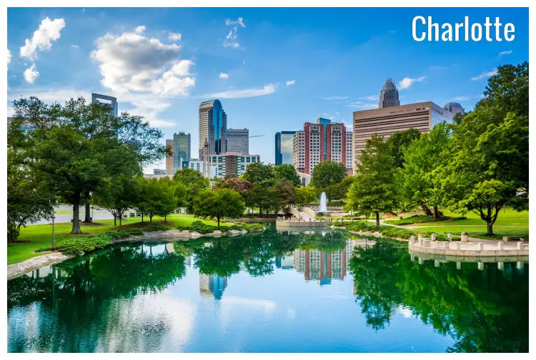 A small river flowing throw the beautiful Marshall Park overlooking Charlotte city buildings, North Carolina