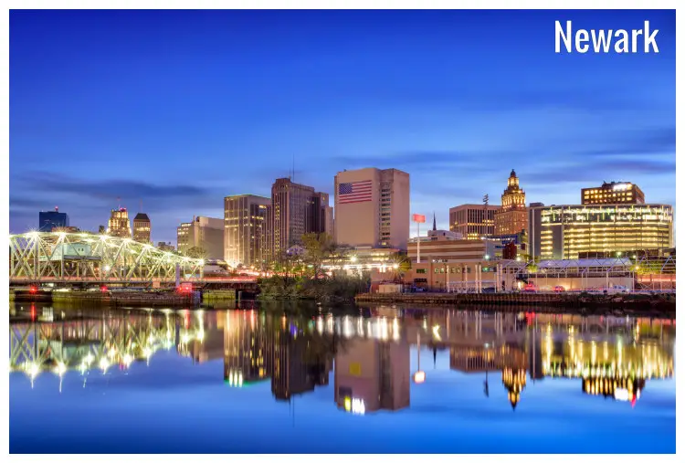 A mirrored reflection of Newark City in New Jersey, on the Passaic River