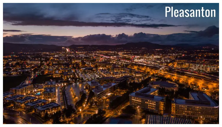 Neon-lit buildings in the CBD of downtown Pleasanton, California