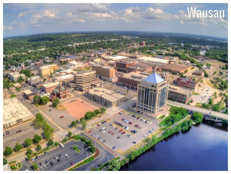 An aerial panorama of downtown Wausau City in Wisconsin