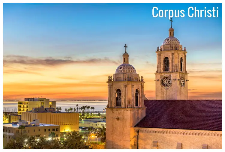 The two domes and red roof of the iconic and mighty Corpus Christi in Texas