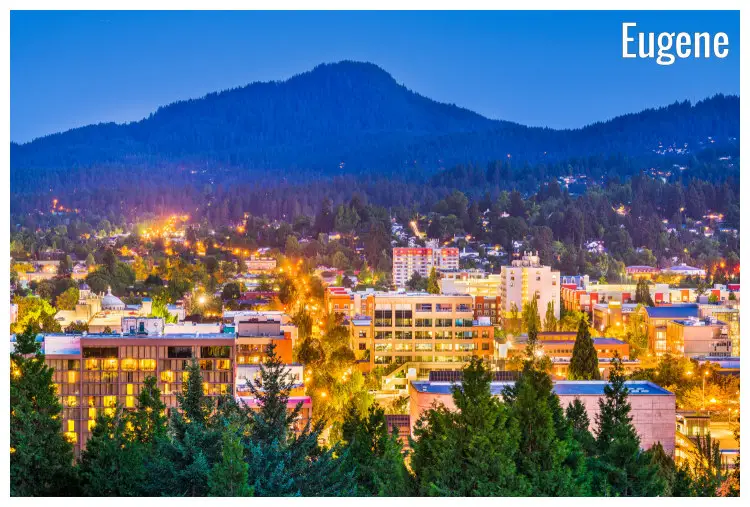 Bright neon lights light up the colorful city of Eugene in Oregon, Bright neon lights light up the colorful city of Eugene in Oregon,
