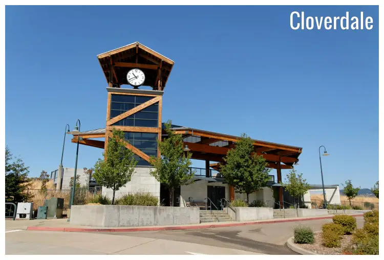 A clock tower in a modern railway station in Cloverdale, California A clock tower in a modern railway station in Cloverdale, California