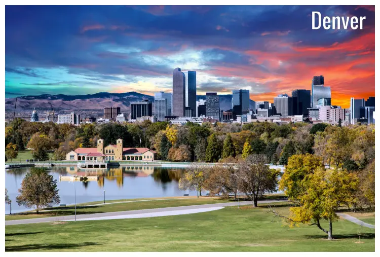 The colorful sky above the sunlit Denver city, Colorado in autumn