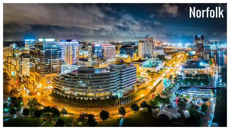A breathtaking night panorama of the well developed Norfolk City, Virginia A breathtaking night panorama of the well developed Norfolk City, Virginia