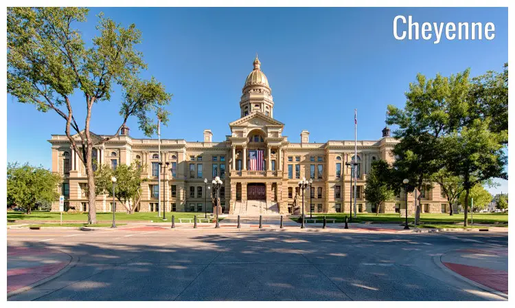 A sunny day in front of the State Capitol building in Cheyenne, Wyoming A sunny day in front of the State Capitol building in Cheyenne, Wyoming