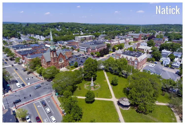 The scenic area around Natick, Massachusetts, with the First Congregational Church, the Town Hall, and the rest of the city The scenic area around Natick, Massachusetts, with the First Congregational Church, the Town Hall, and the rest of the city