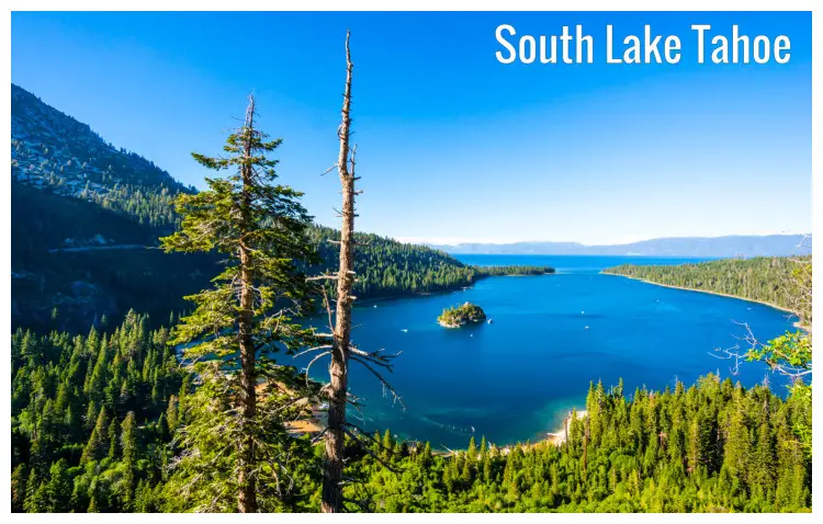 The Emerald Bay in South Lake Tahoe, California, with a side view of the mountain slope The Emerald Bay in South Lake Tahoe, California, with a side view of the mountain slope