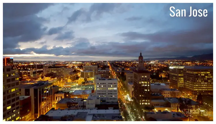 A sunset panorama of the lit city of San Jose, California
