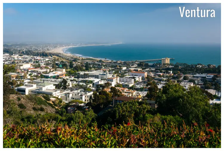 A view of the city of Ventura in California from atop the Grant Park, with a distant calm Pacific ocean