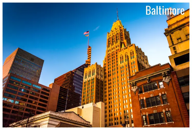 A golden evening appearance of tall buildings in Baltimore, Maryland