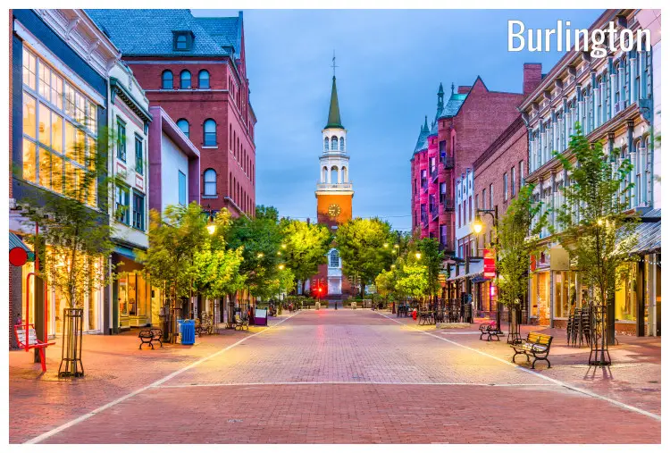 Colorful lights, trees, and beautiful houses on either side of a street in Burlington, Vermont