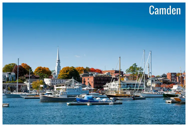 Boats docked in the beautiful harbor in Camden, Maine