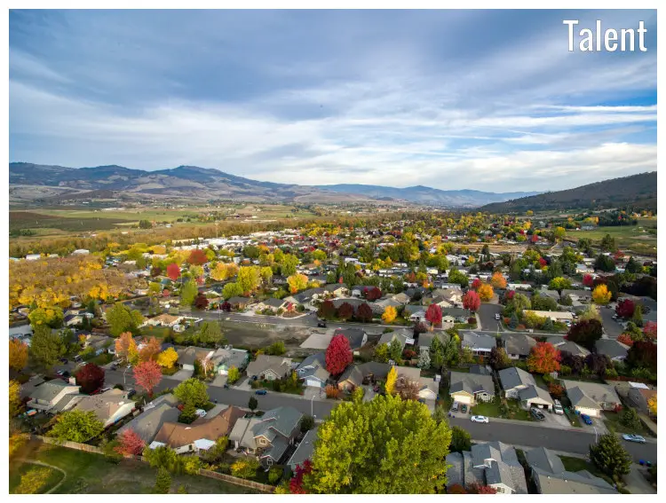 The red, golden, and brown fall foliage colors seen all over the scape of Talent Town, in Oregon, The red, golden, and brown fall foliage colors seen all over the scape of Talent Town, in Oregon,