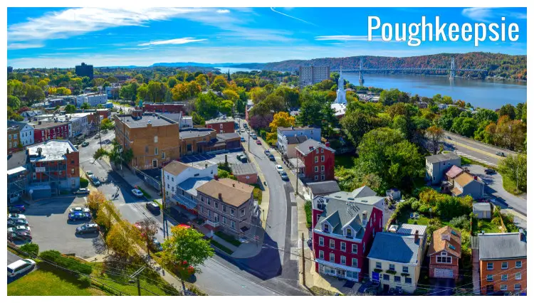 The colorful houses, clear roads, and colored brown and golden trees in Poughkeepsie, New York The colorful houses, clear roads, and colored brown and golden trees in Poughkeepsie, New York