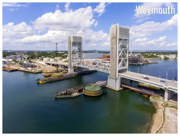 The modern bridge crossing on the large Fore River passing through Weymouth City, Massachusetts