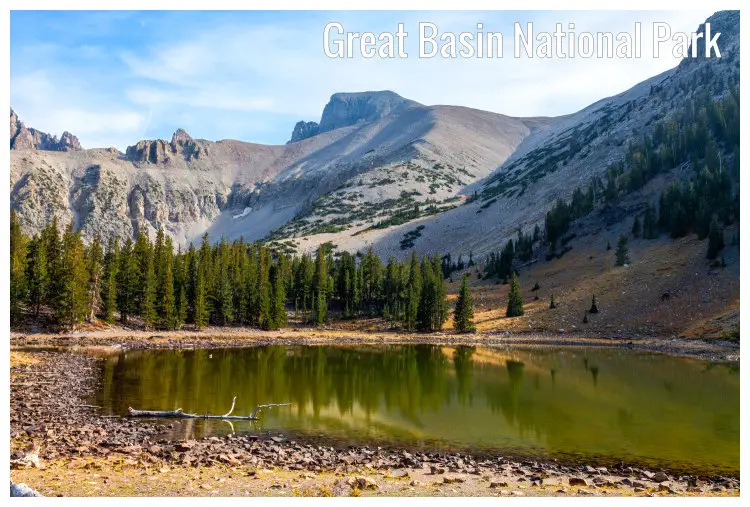 Green lake water, overlooking a forest on the base of the mountain in the Great Basin National Park, Nevada