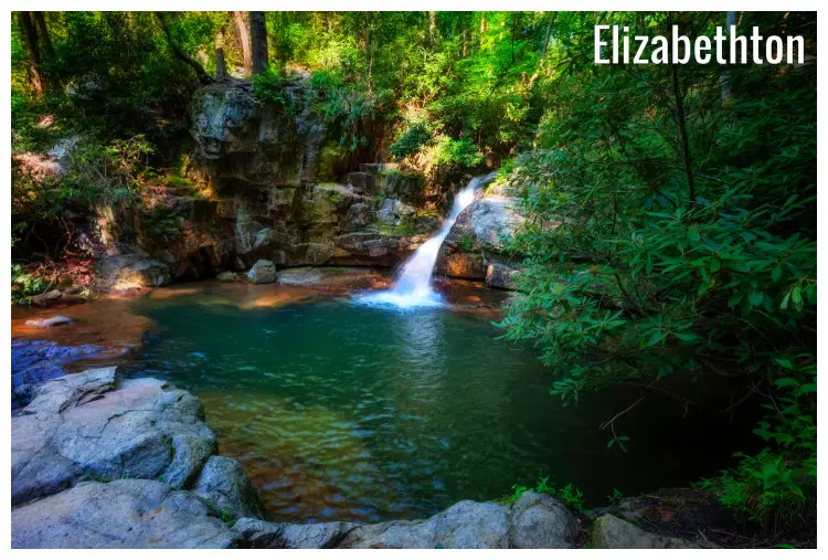 A small waterfall draining into a calm pool below, in the iconic Blue Hole Waterfalls in Elizabethton, Tennessee, within the Cherokee National Park