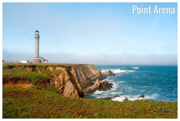 Tall Lighthouse in Point Arena, California, near the high rocks and cliffs of the shores Tall Lighthouse in Point Arena, California, near the high rocks and cliffs of the shores