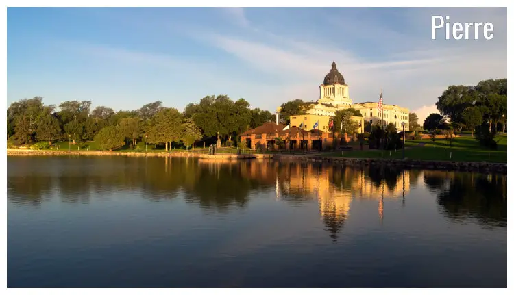 The Capitol Dome building in Pierre, South Dakota, set in a beautiful tree park