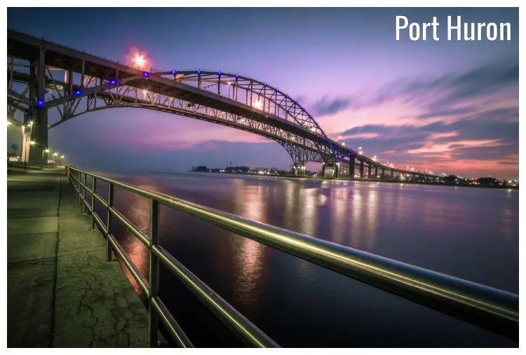 The iconic Blue Water Bridge in Port Huron, Michigan, at night 