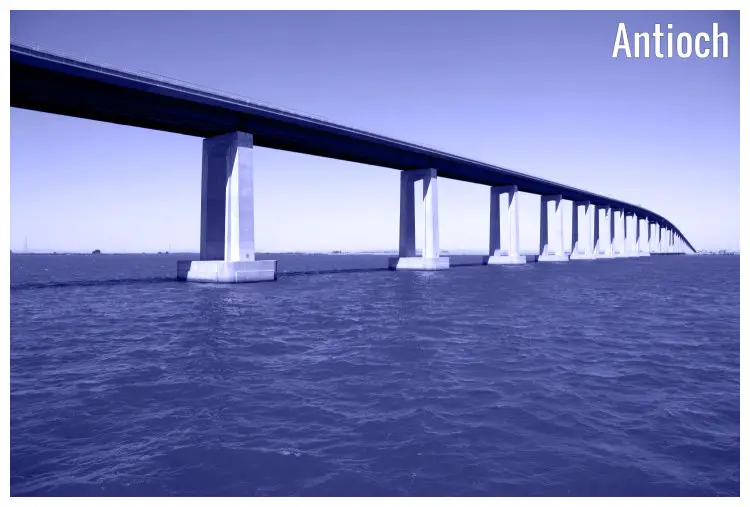 A high bridge passing over the famous San Joaquin River Delta in Antioch, California A high bridge passing over the famous San Joaquin River Delta in Antioch, California