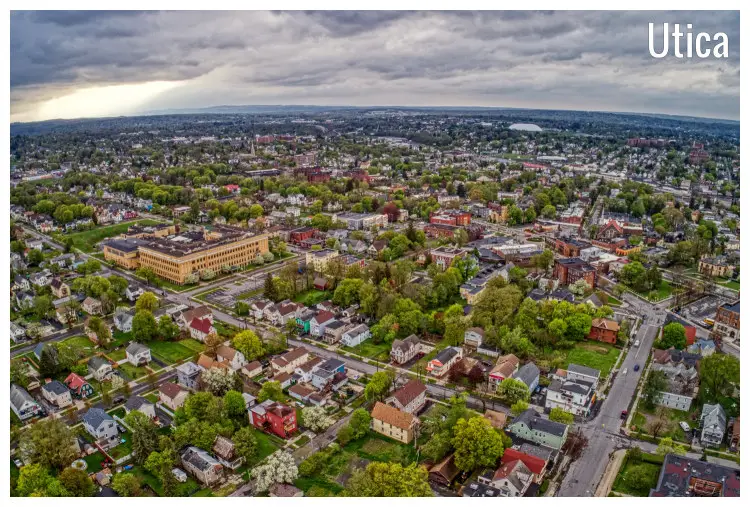 An aerial panorama of the dense city of Utica, New York An aerial panorama of the dense city of Utica, New York