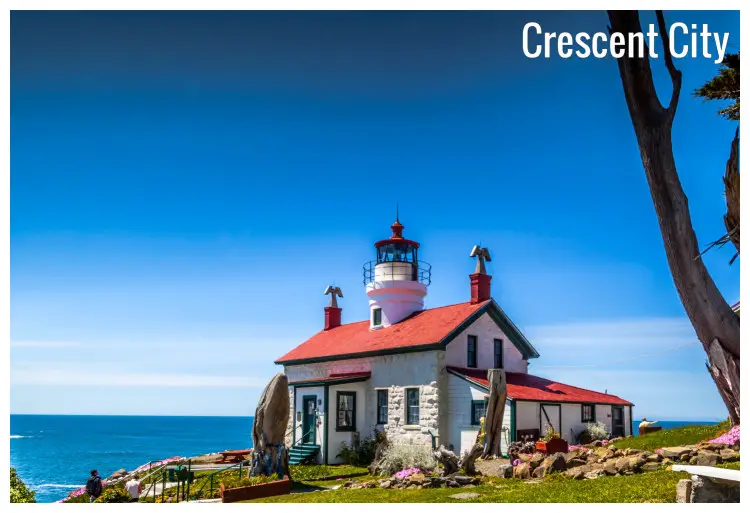 The magnificent red and white stone Battery Point Lighthouse in Crescent City, California