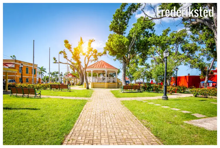 A sunny bright and clear sky lights up the scenic park near Frederiksted port, in the US Virgin Islands