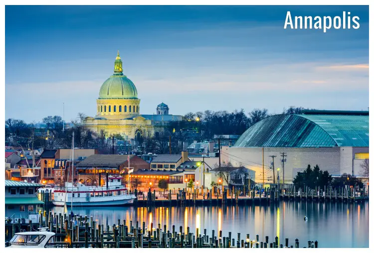 The Chesapeake Bay at dusk, in Annapolis, Maryland, with a distant view of the US Naval Academy chapel dome The Chesapeake Bay at dusk, in Annapolis, Maryland, with a distant view of the US Naval Academy chapel dome
