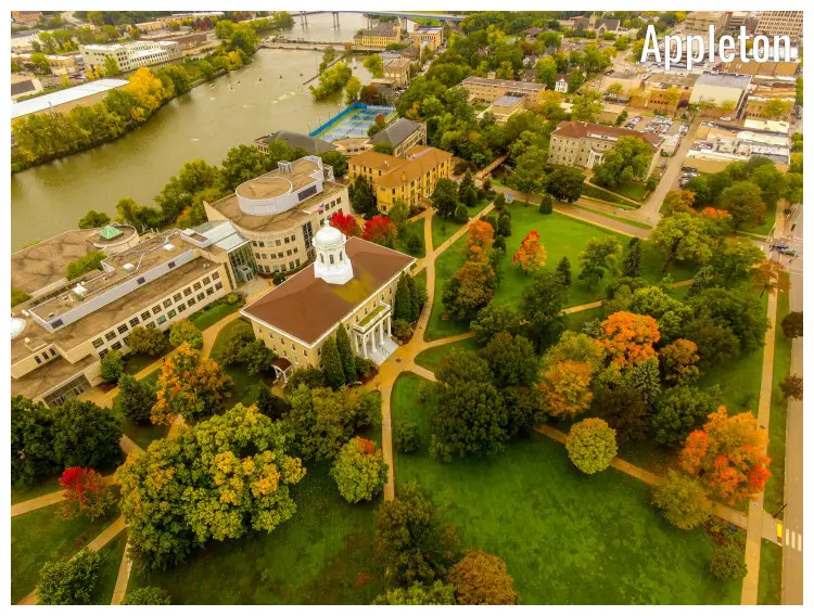 Colorful trees and neat lawns in Lawrence University in Appleton, Wisconsin, the river, and the rest of the city Colorful trees and neat lawns in Lawrence University in Appleton, Wisconsin, the river, and the rest of the city