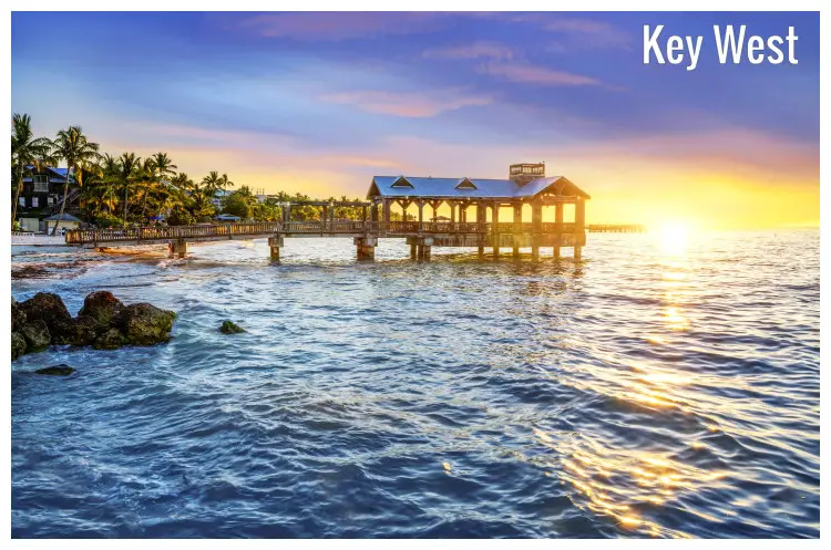 A beach pier in Key West, Florida, with palm trees in the background