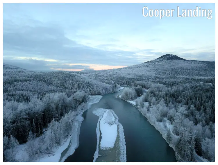 The famous and partially frozen Kenai River during the winter, in Cooper Landing, Alaska The famous and partially frozen Kenai River during the winter, in Cooper Landing, Alaska