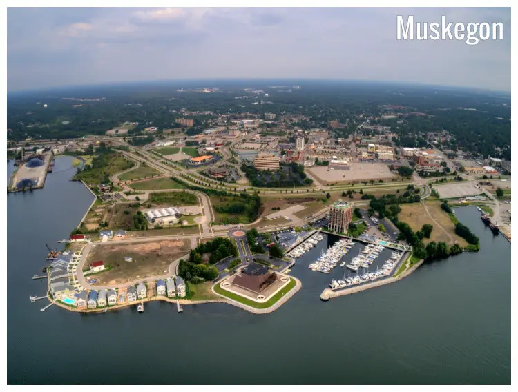 An aerial panorama of the scenic Muskegon Town in Michigan