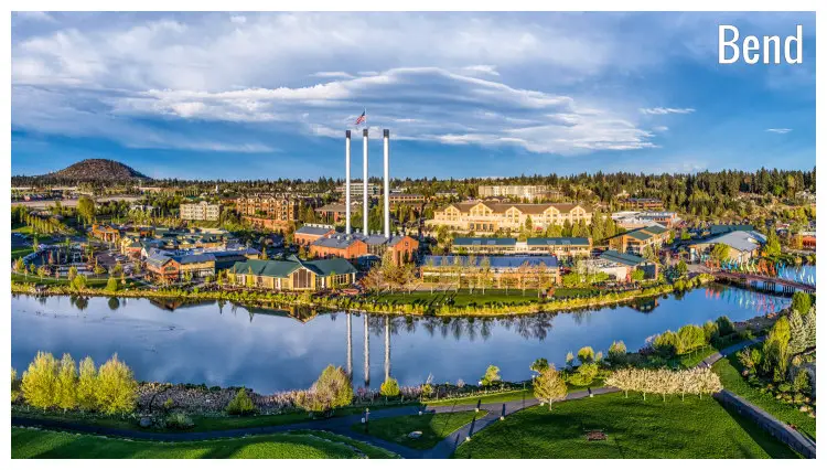 The neat lawns, clean roads, and stunning landscape of the Old Mill District in Bend, Oregon