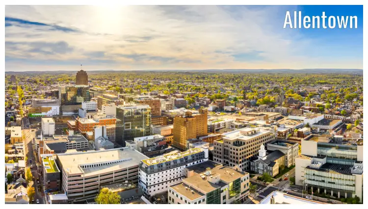 An aerial panorama of the vast city of Allentown in Pennsylvania