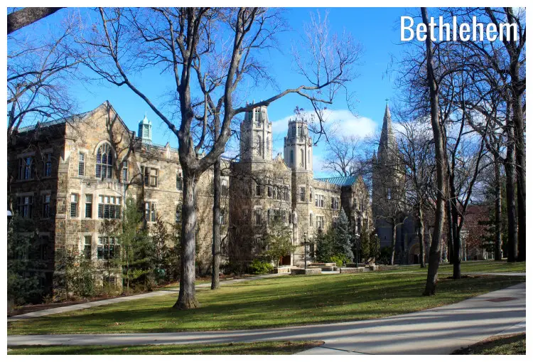 A tranquil setting of dry trees and neat fields behind this large hall in the Lehigh University in Bethlehem, Pennsylvania