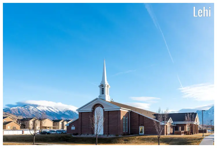 The Church of Jesus Christ of Latter-Day located in Lehi, Utah, in the scenic area with a large mountain in the back view