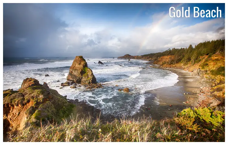 Trees, brown sand, and large rocks on the shores of the iconic Gold Beach in Oregon