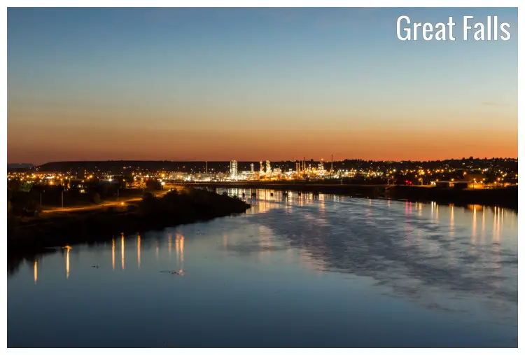 A far view from on top of the vast Missouri River of the City of Lights, Great Falls, Montana A far view from on top of the vast Missouri River of the City of Lights, Great Falls, Montana