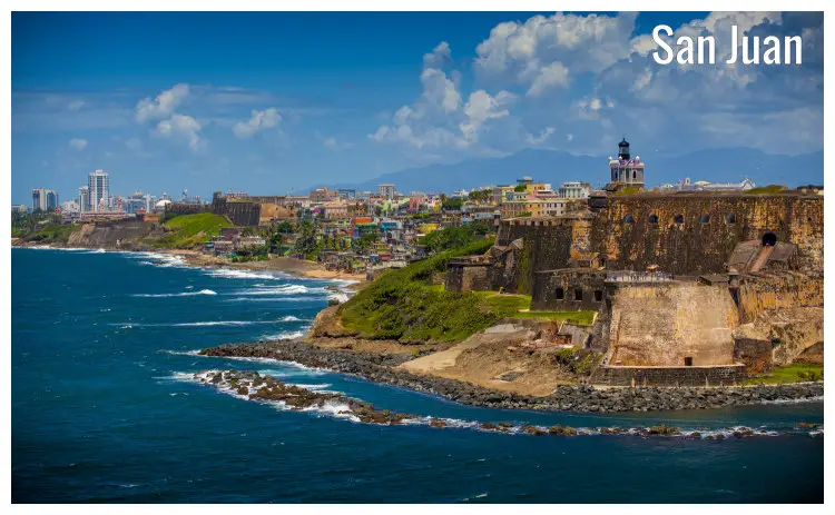 An old fort building and a view of the stunning San Juan city, Puerto Rico An old fort building and a view of the stunning San Juan city, Puerto Rico
