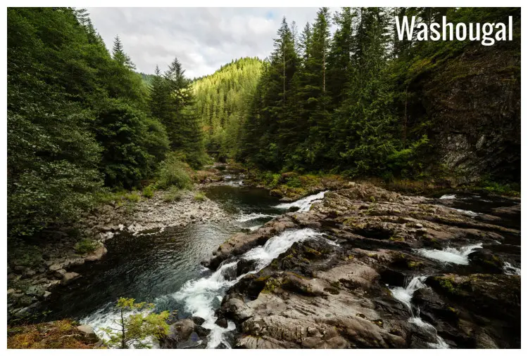 A small river with visible rocks and cliffs of the high banks in the woods in Washougal, Washington A small river with visible rocks and cliffs of the high banks in the woods in Washougal, Washington