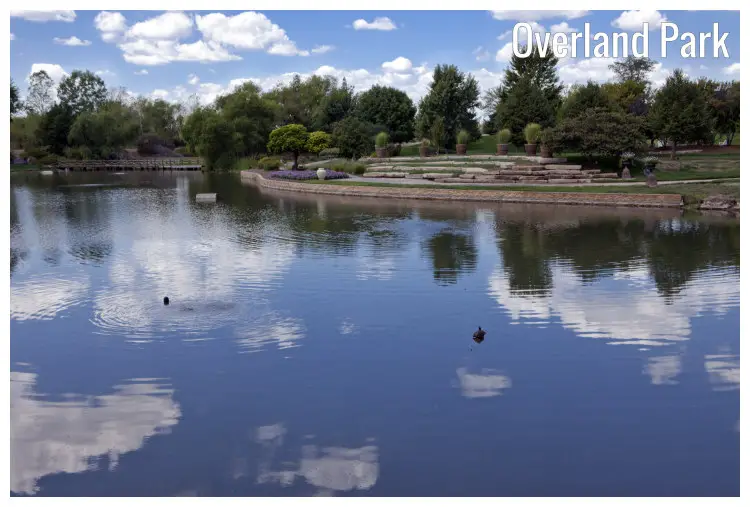 A large pond with scenic trees in neat lawns out front within the arboretum in Overland Park, Kansas