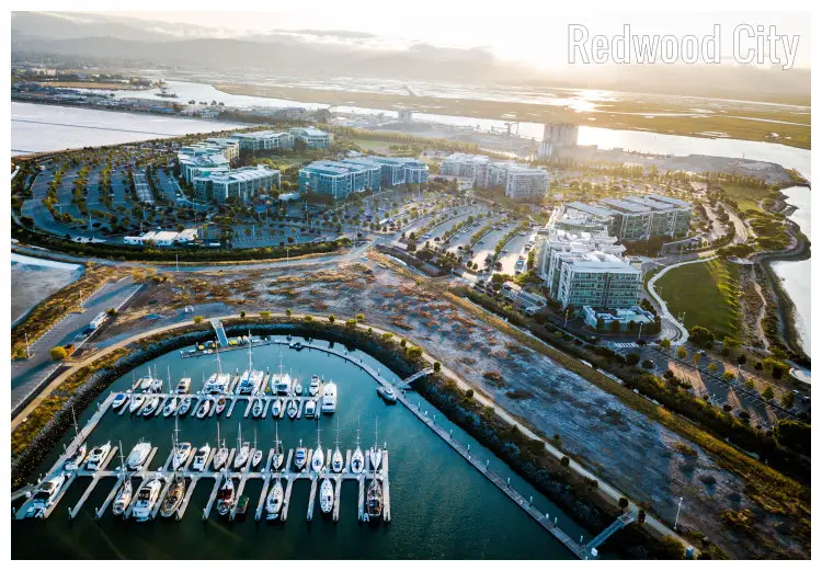 The intricate design of the organized Redwood City in California, with a scenic view of the harbor and the rest of the city